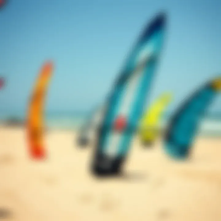 A serene beach scene with various wing surf wings displayed, highlighting upcoming trends in the sport.