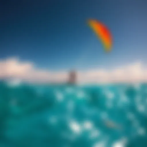 The Thrill of Kiteboarding A vibrant kite soaring in the sky above crystal clear waters, showcasing the thrill of kiteboarding.